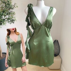 Satin Olive Green V-Neck Mini Dress Floral Shoulder Detail M